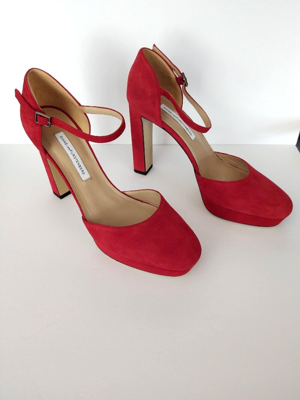 Crimson red suede ankle strap platform pump